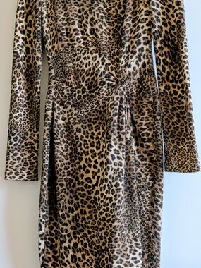 Cache Leopard-Print Long Sleeve Twist-Waist Dress - Tan/Black